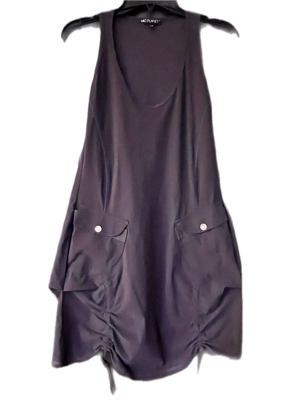 McPlanet Lagenlook Dress Charcoal Gray Scoop Neck Ruched Bubble Hem Tank Mini M